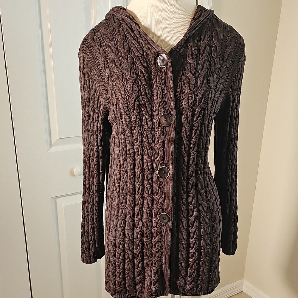 Chico Womens Hooded Cardegan Sweater. Size 1(meduim) Brown Silk Blend